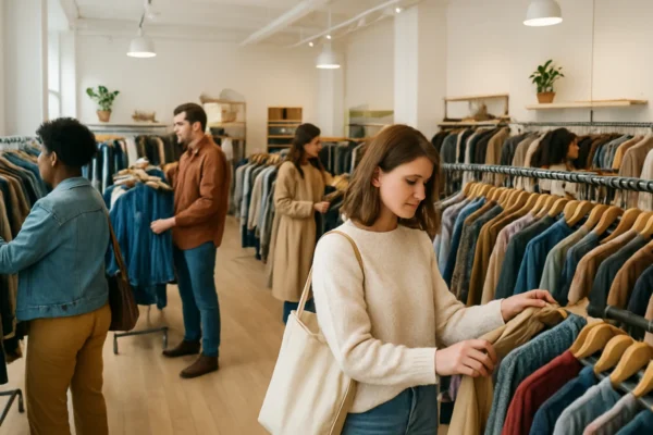 Second hand kupovina u modernoj trgovini rabljenom odjećom s kupcima