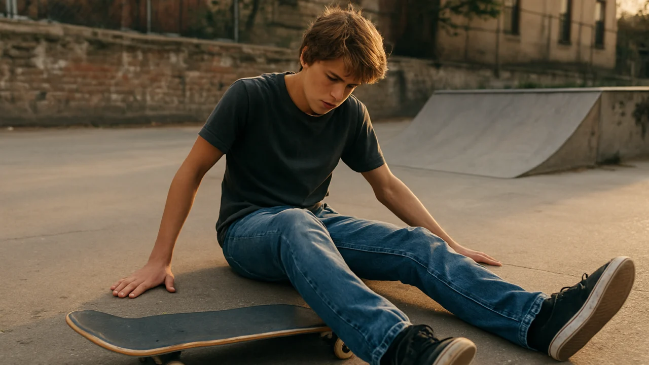 Mladi skateboarder uči voziti kroz padove i upornost