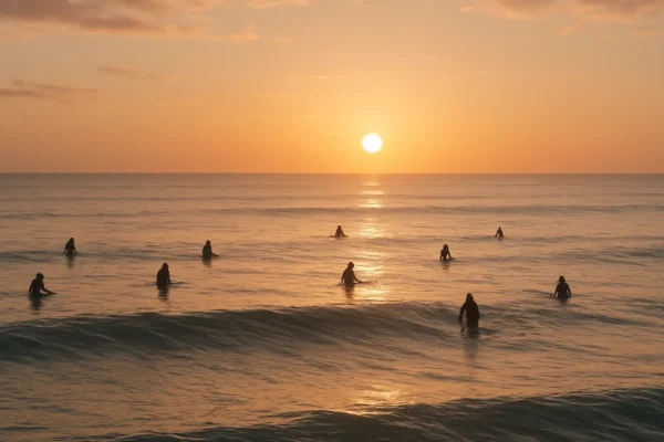 Surf subkultura kao način života prikazana kroz surfere na otvorenom moru u zoru