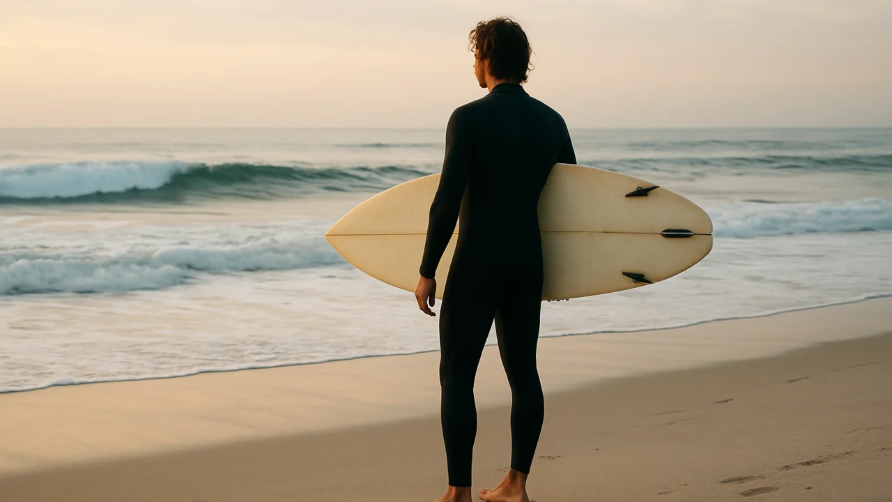 Surfer na obali promatra more i razmišlja o izazovu i filozofiji surfanja