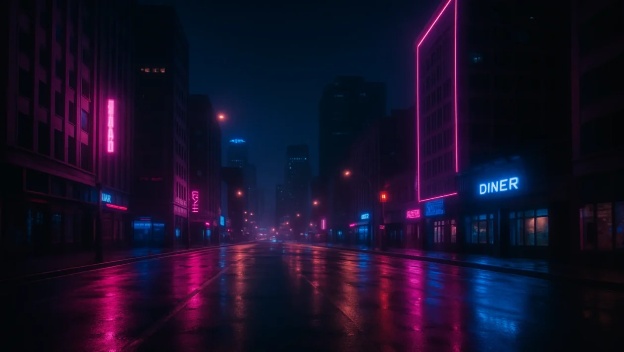 Synthwave subkultura i retro futurizam prikazani kroz noćni gradski pejzaž s neonskim svjetlima