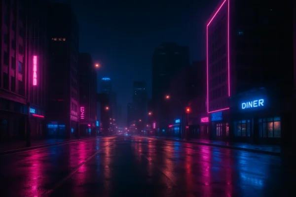 Synthwave subkultura i retro futurizam prikazani kroz noćni gradski pejzaž s neonskim svjetlima