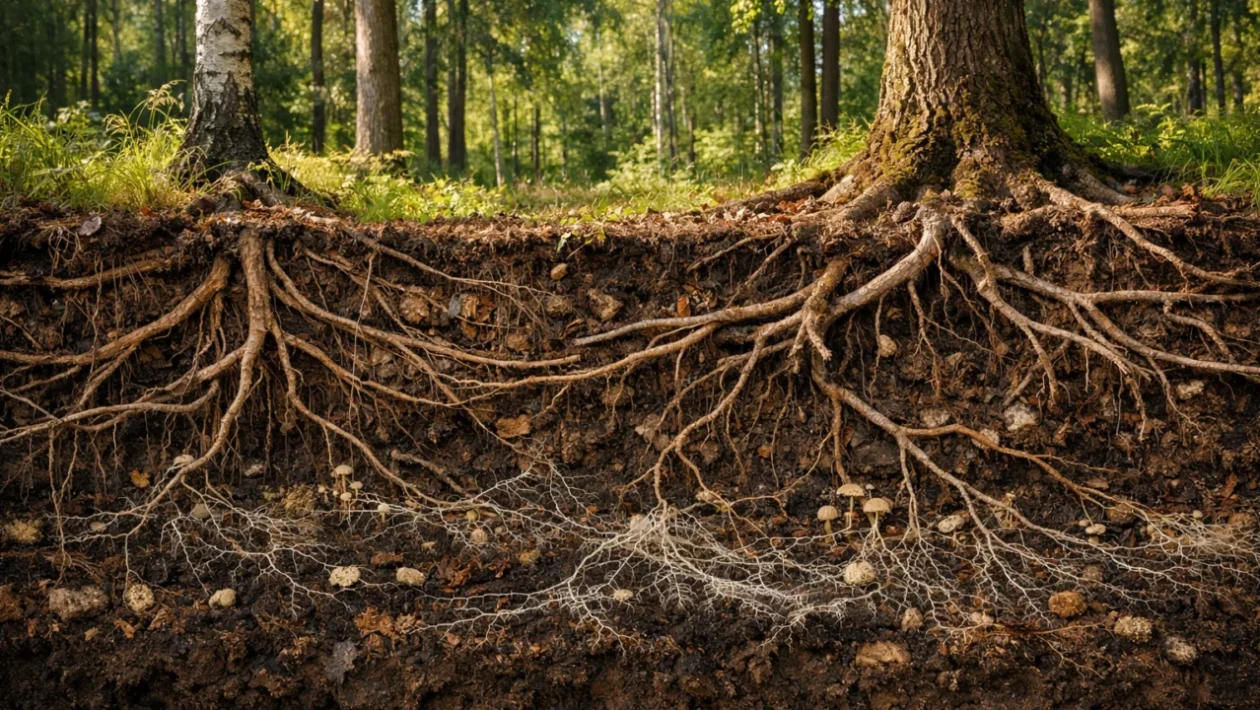 Podzemna mreža korijenja i gljiva koja povezuje biljke i stabla ispod tla