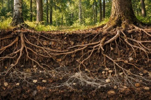 Podzemna mreža korijenja i gljiva koja povezuje biljke i stabla ispod tla