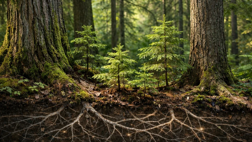 Šumski ekosustav u kojem starija stabla pomažu mladima kroz podzemnu mrežu