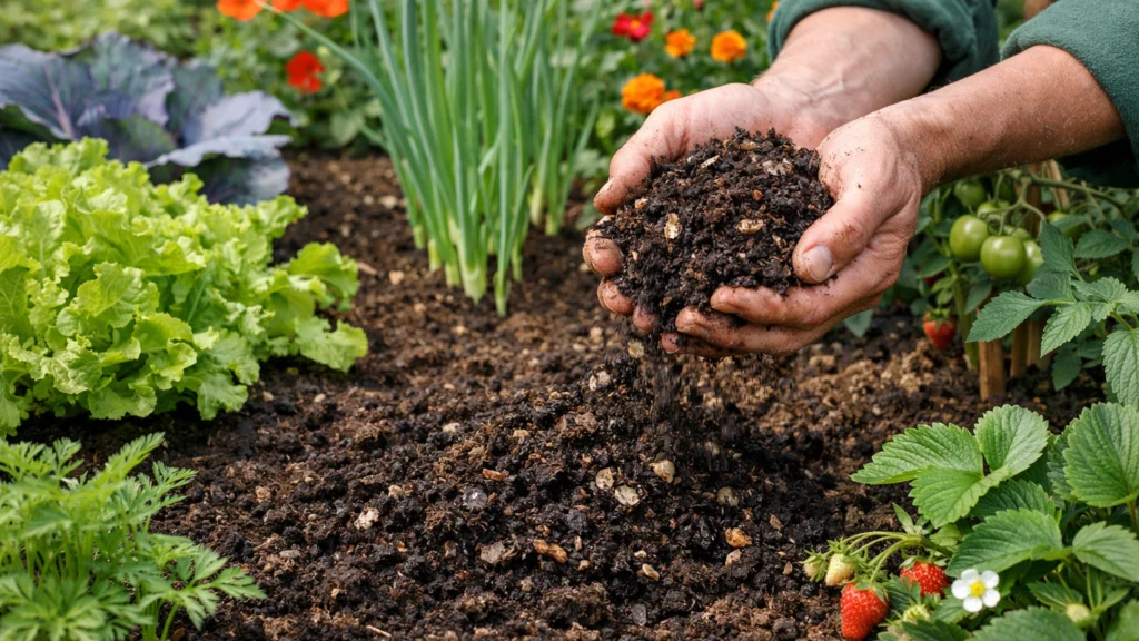 Vrt s raznolikim biljkama i zdravim tlom koje potiče prirodnu komunikaciju