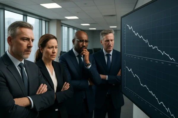 Poslovni lideri analiziraju negativne trendove i pad performansi u modernom uredu