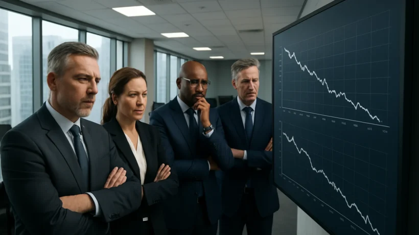 Poslovni lideri analiziraju negativne trendove i pad performansi u modernom uredu