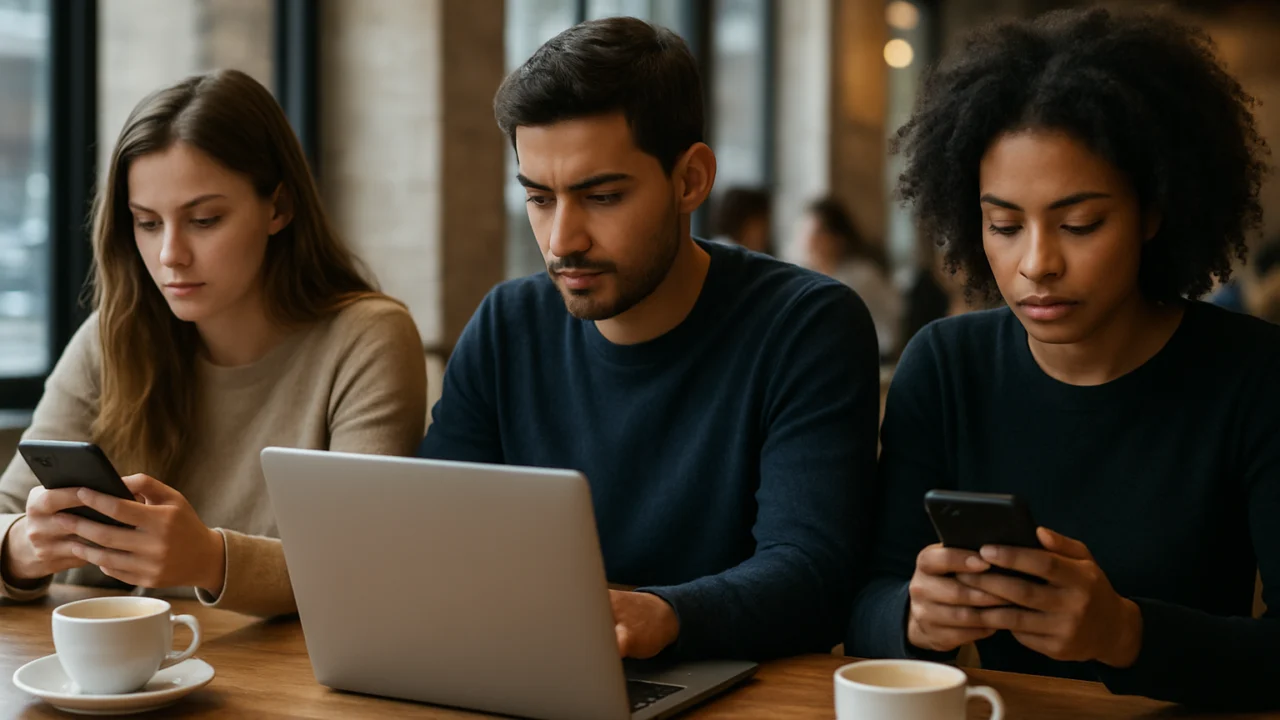 Ljudi koriste pametne telefone i laptope u kafiću kao prikaz brzih promjena trendova