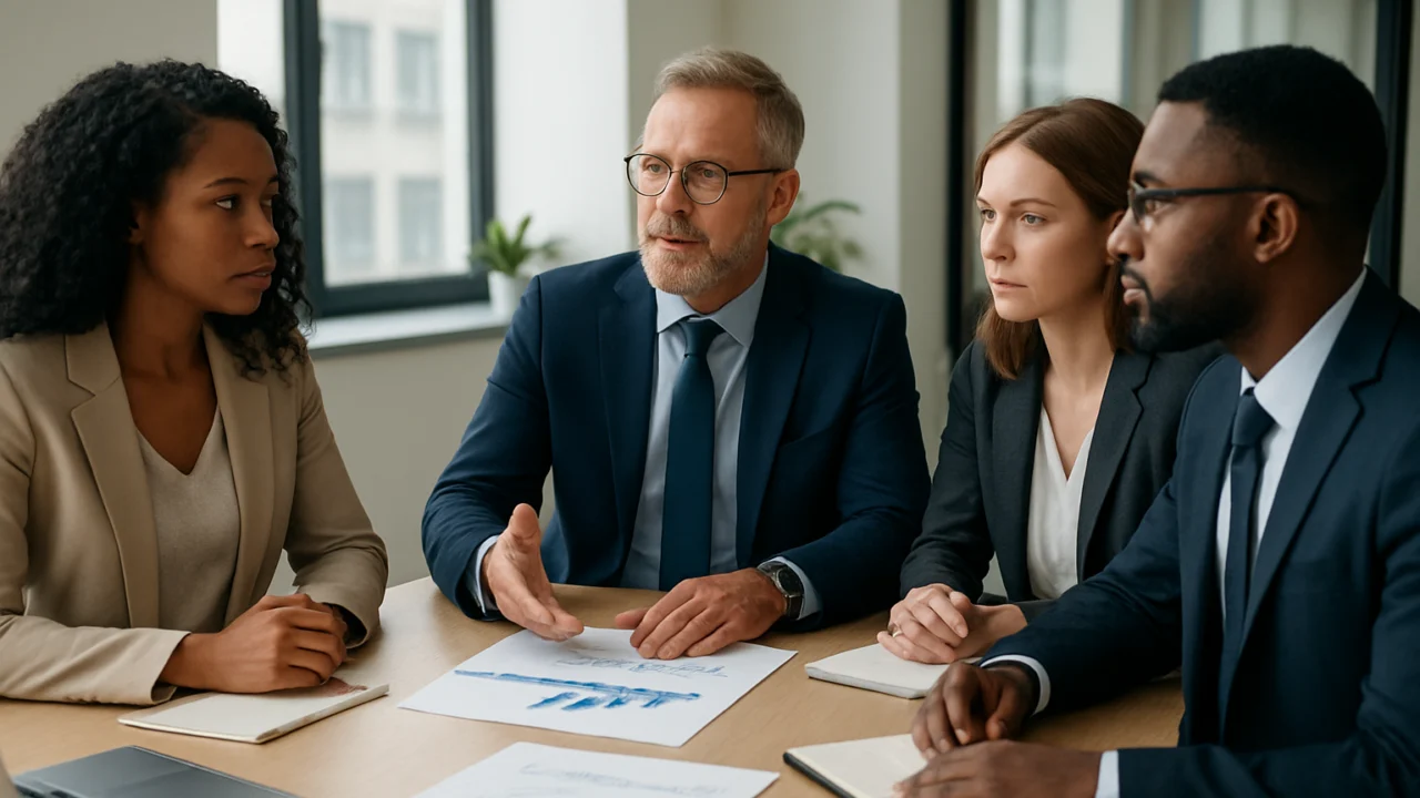 Poslovni tim raspravlja o budućim trendovima i prilagodbi strategije