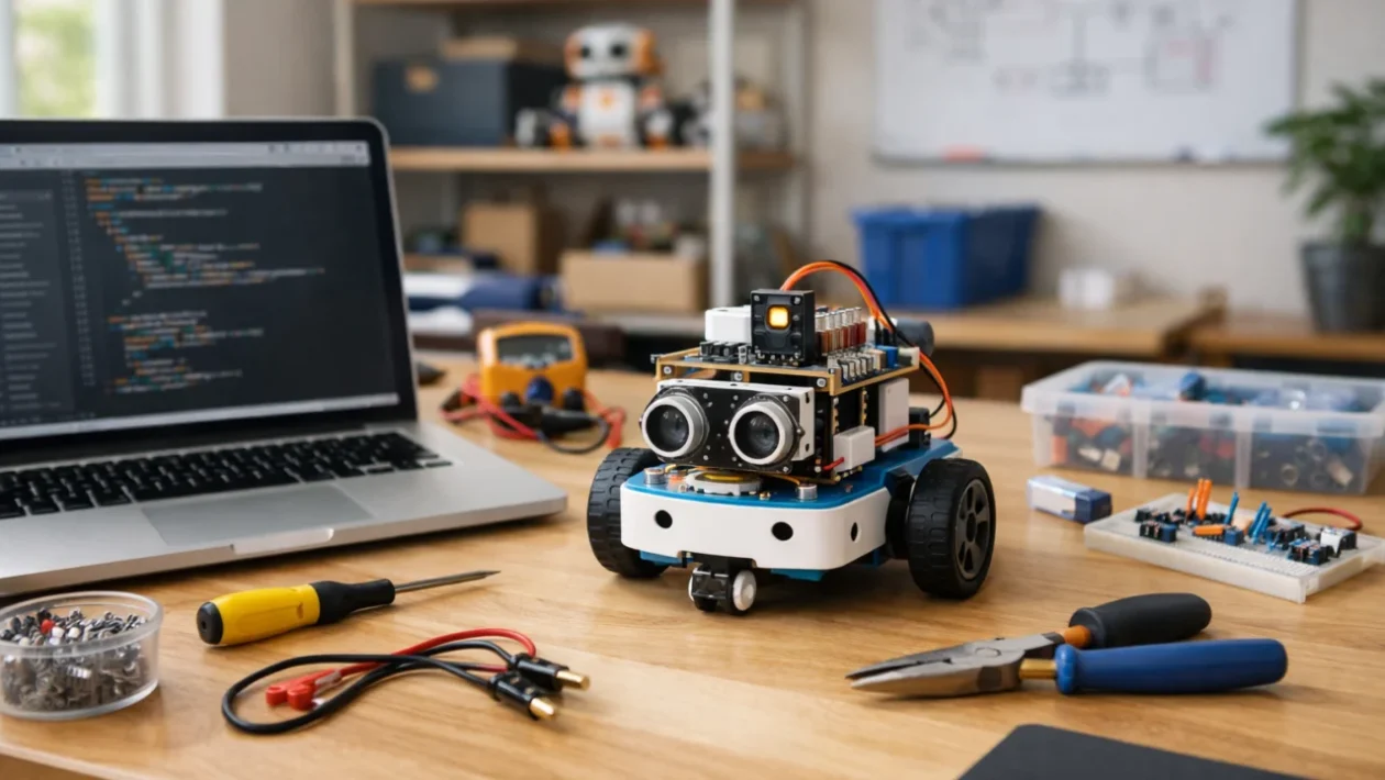 Početnički radni prostor za robotiku s jednostavnim robotom i laptopom
