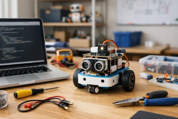 Početnički radni prostor za robotiku s jednostavnim robotom i laptopom