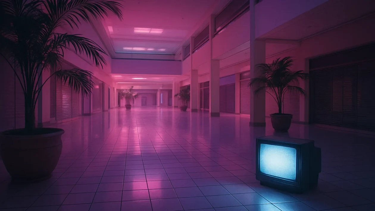 Vaporwave estetika u napuštenom trgovačkom centru s nostalgijom digitalnog doba
