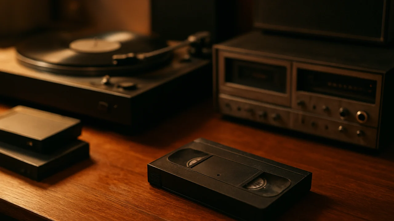 Vintage glazbena oprema i VHS kazete u inspirativnom kreativnom prostoru