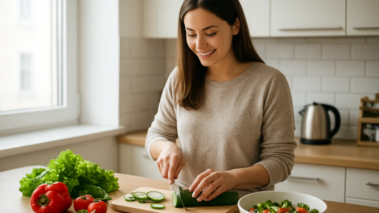 Osobna veganska priča mlade žene kroz pripremu biljnog obroka kod kuće