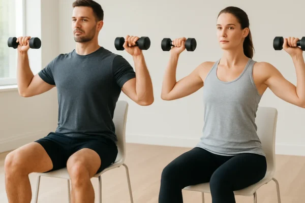 Vježbe za ruke i ramena u sjedećem položaju u svijetlom unutarnjem prostoru