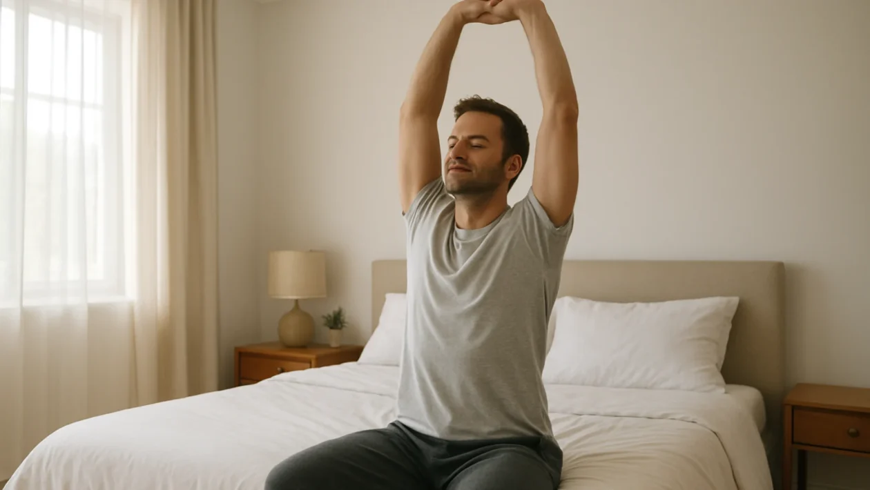 Jutarnje istezanje tijela u spavaćoj sobi kao vježbe za smanjenje jutarnje ukočenosti