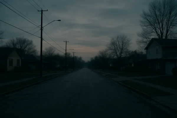 Weirdcore estetika kroz praznu ulicu u sumrak s osjećajem nelagode i poznatog