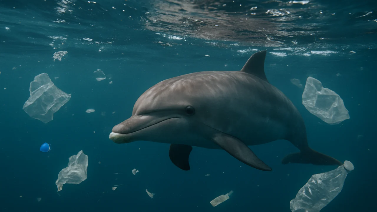 Dupin u zagađenom moru okružen plastikom kao prijetnjom morskom životu