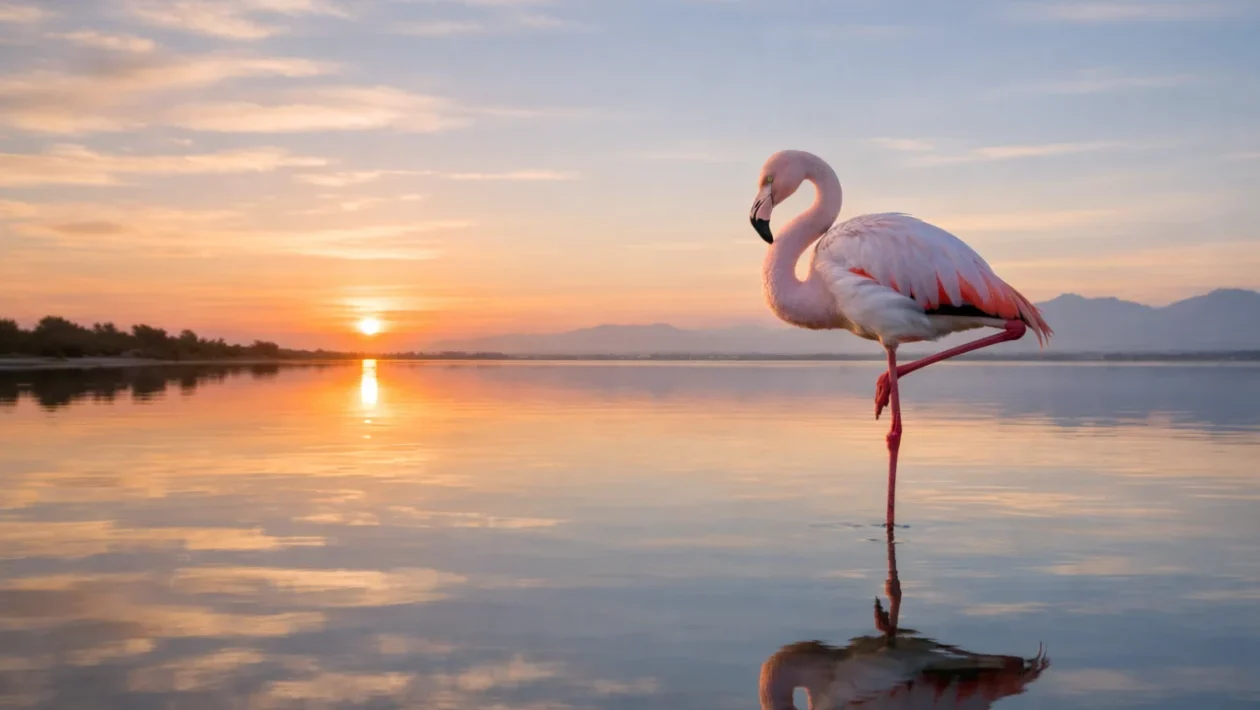Flamingo stoji na jednoj nozi u plitkoj laguni pri izlasku sunca