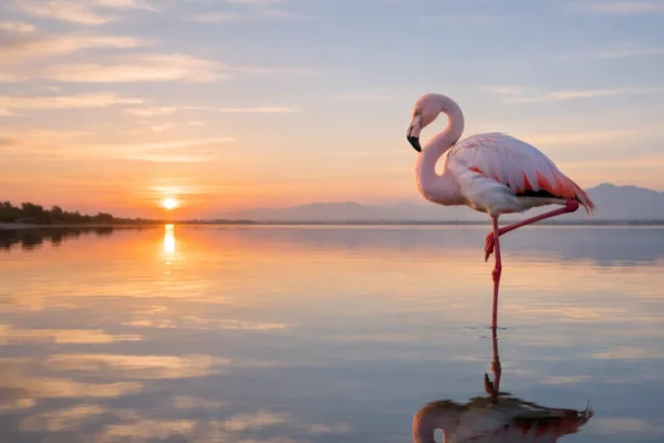 Flamingo stoji na jednoj nozi u plitkoj laguni pri izlasku sunca