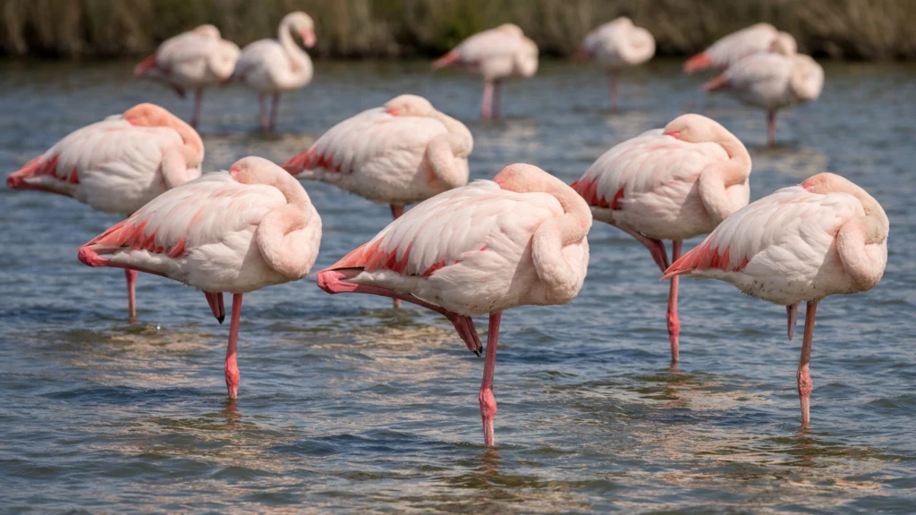 Flamingosi miruju u plitkoj vodi i stoje na jednoj nozi