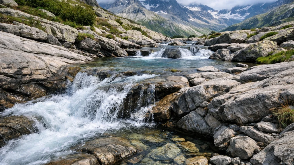 Kiša u planinama koja otapa minerale i teče u potok, početak puta kapi prema moru