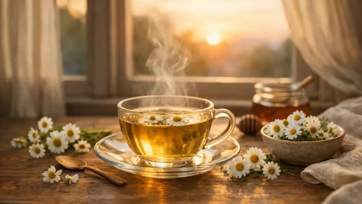 Šalica čaja od kamilice u mirnom večernjem ambijentu koji simbolizira opuštanje tijela i uma