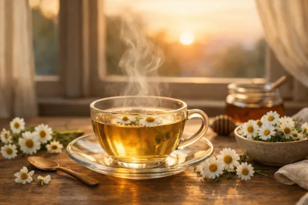 Šalica čaja od kamilice u mirnom večernjem ambijentu koji simbolizira opuštanje tijela i uma