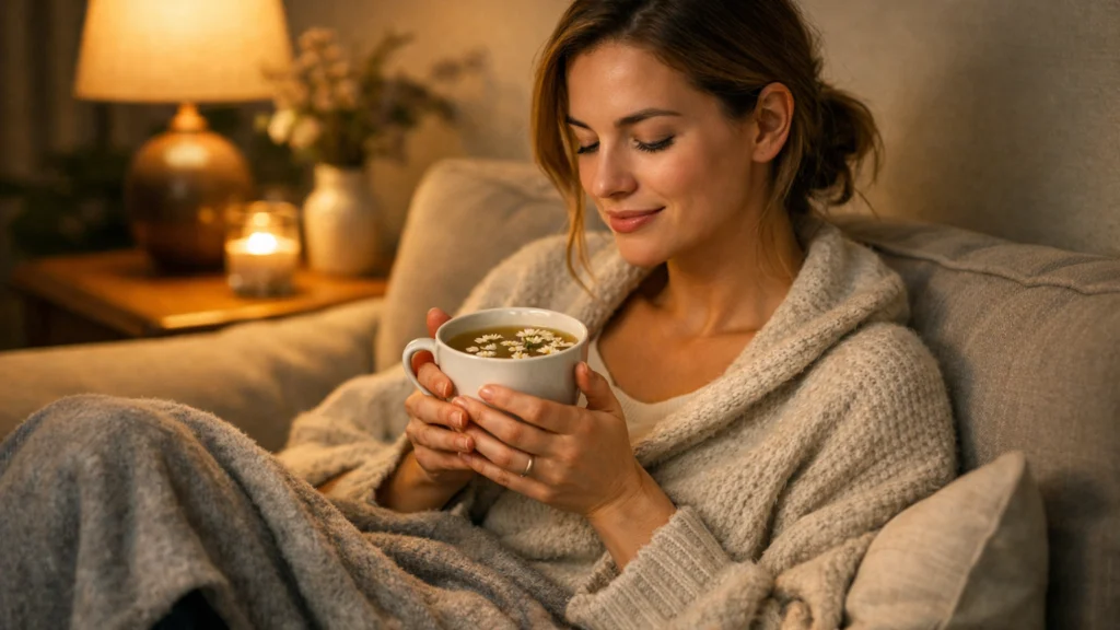 Žena navečer pije čaj od kamilice i opušta se nakon stresnog dana