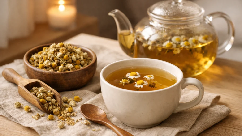 Priprema čaja od kamilice kao večernji ritual za smirenje i bolji san
