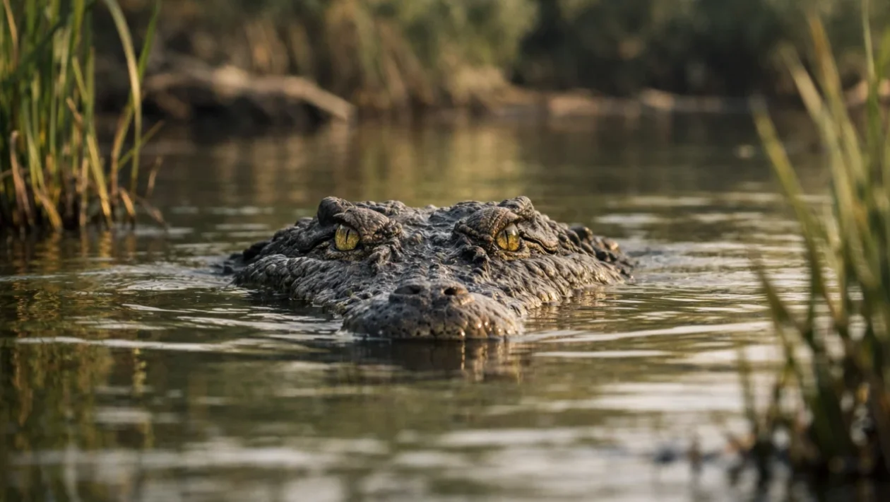 Krokodil u rijeci koji pokazuje prirodno ponašanje povezano s gutanjem kamenja