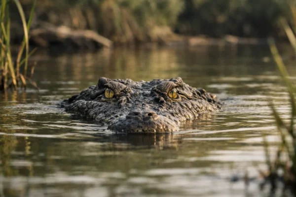 Krokodil u rijeci koji pokazuje prirodno ponašanje povezano s gutanjem kamenja