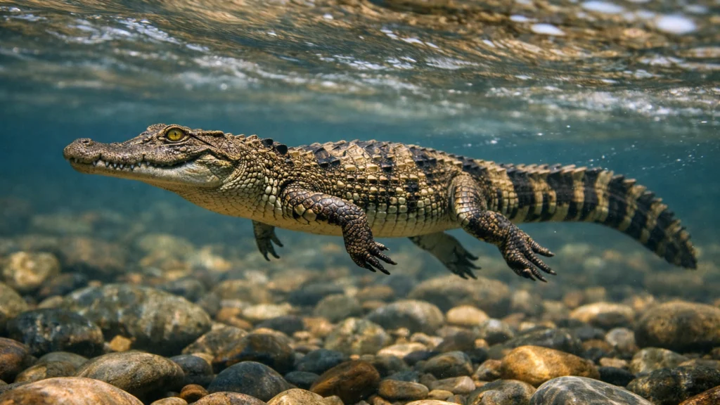 Mladi krokodil u rijeci koji uči plivati i prilagođavati se struji