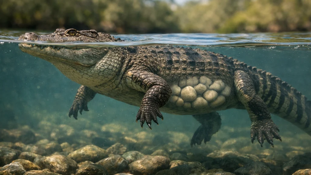 Krokodil pod vodom koji koristi kamenje za regulaciju plovnosti