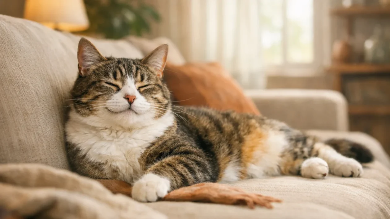 Mačka koja mirno prede u domu, simbol umirujućeg zvuka i emocionalne povezanosti