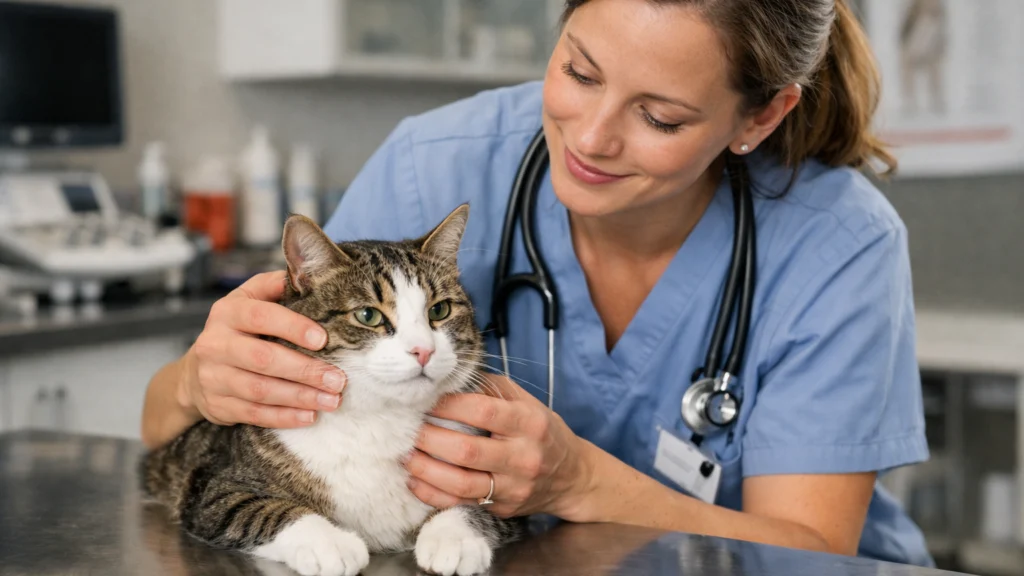 Veterinarka pregledava mačku koja mirno prede tijekom pregleda