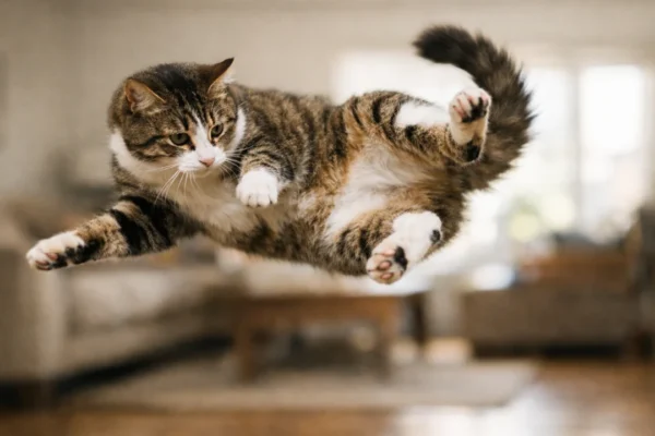 Mačka u padu okreće tijelo i priprema se doskočiti na noge