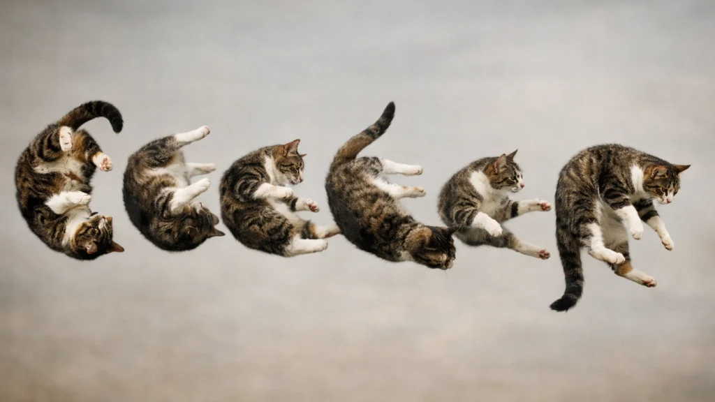 Sekvenca fotografija mačke koja se okreće u zraku tijekom pada