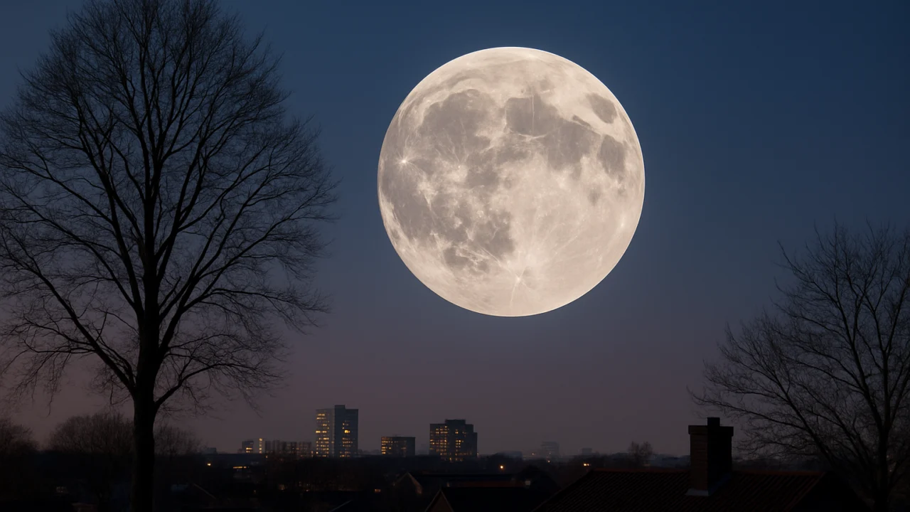 Iluzija Mjeseca uz kuće i drveće na horizontu