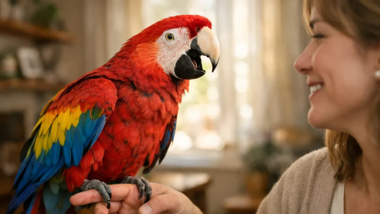 Papiga u interakciji s čovjekom koja simbolizira sposobnost papiga da uče govor