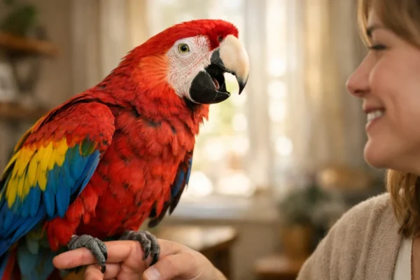 Papiga u interakciji s čovjekom koja simbolizira sposobnost papiga da uče govor