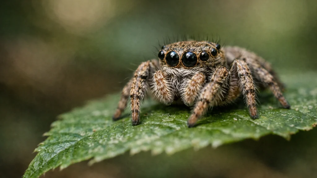 Pauk u šumi koji mirno promatra okolinu i koristi više očiju za praćenje prostora