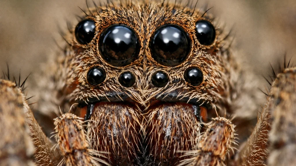 Makro prikaz očiju pauka koji pokazuje razliku između glavnih i sporednih očiju