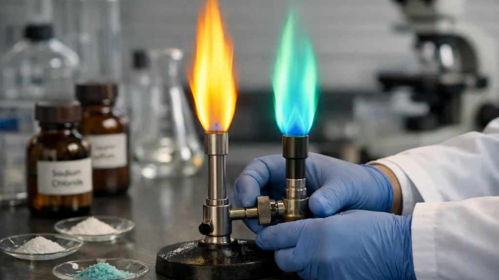 Laboratorijski test plamena koji pokazuje različite boje kemijskih elemenata