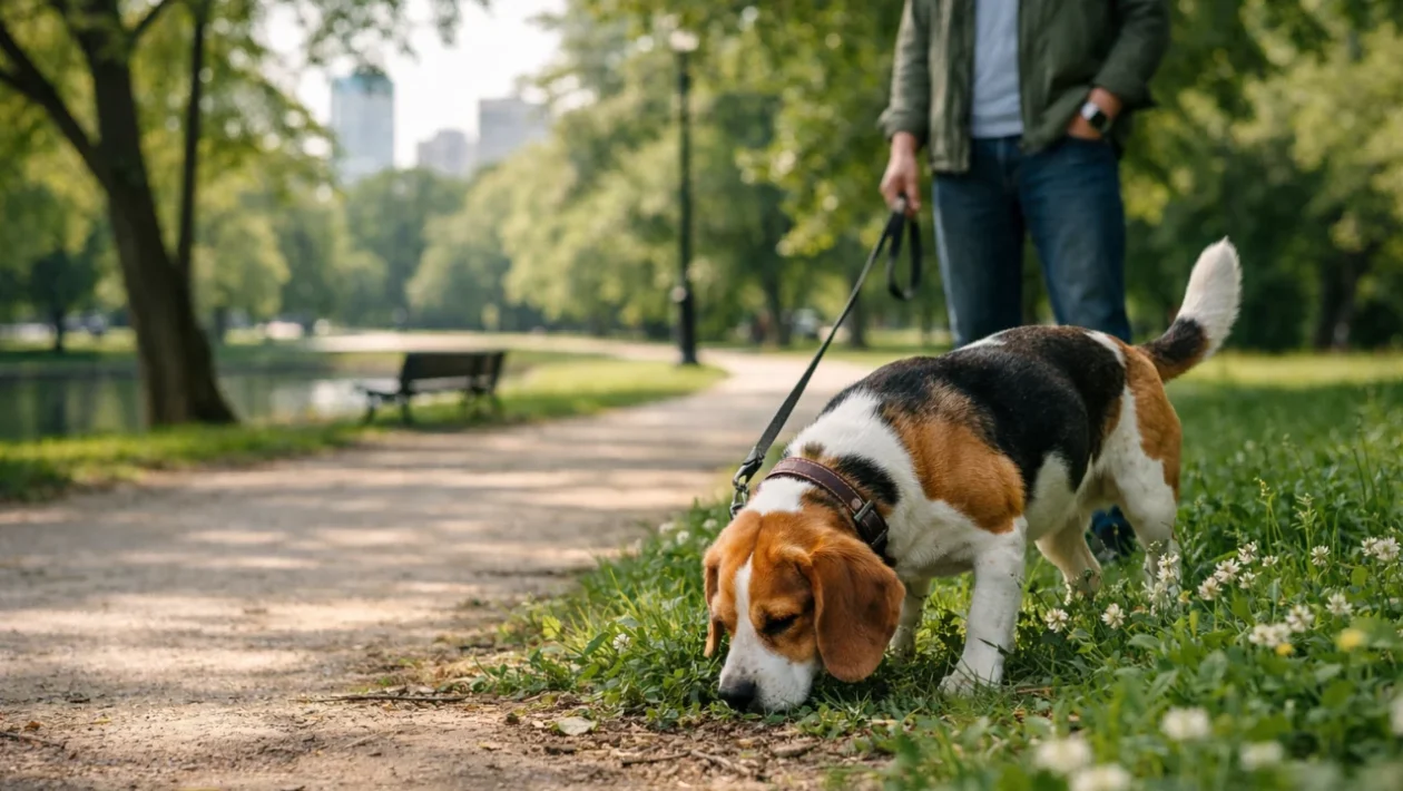 Pas njuška tlo tijekom šetnje parkom dok vlasnik strpljivo čeka