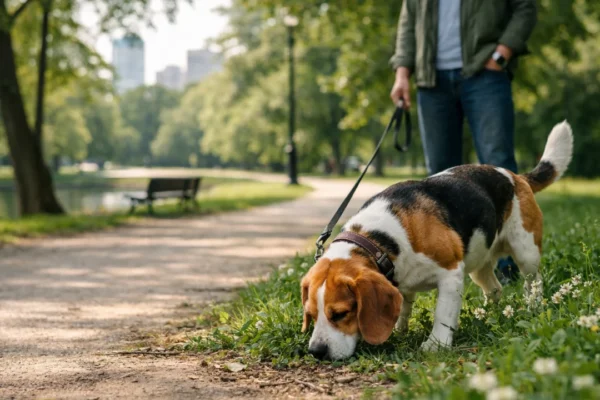 Pas njuška tlo tijekom šetnje parkom dok vlasnik strpljivo čeka