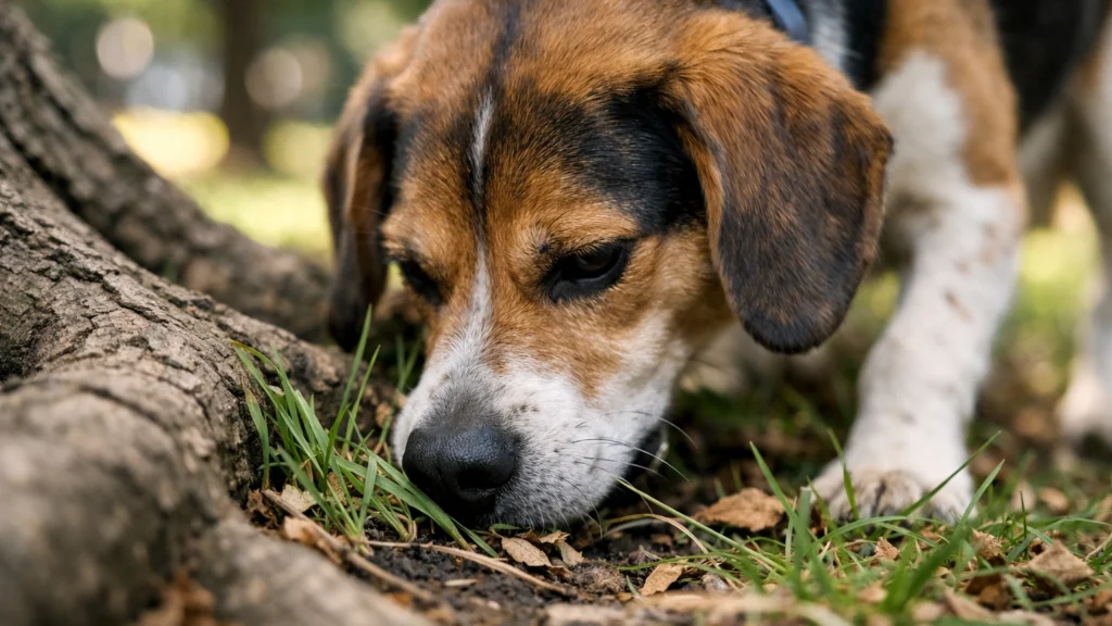 Pas njuška travu i prirodu koristeći svoj snažan njuh