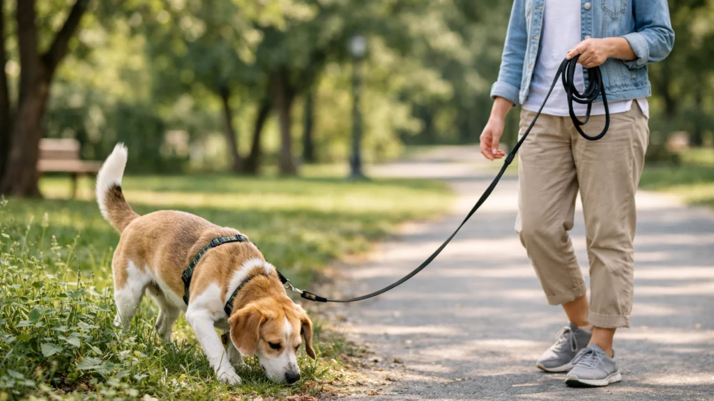 Pas na dugom povodcu slobodno njuška tijekom opuštene šetnje