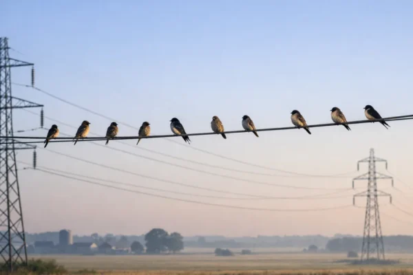 Ptice koje mirno sjede na električnim žicama u otvorenom krajoliku